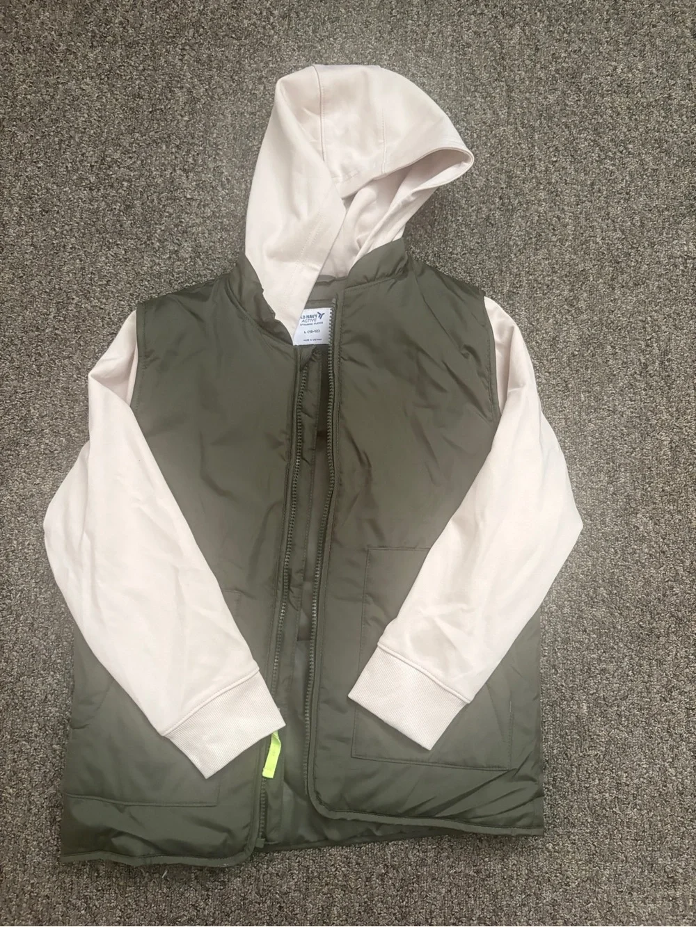 Old Navy Olive Green Quilted Vest with Pale Pink Hooded Sleeves